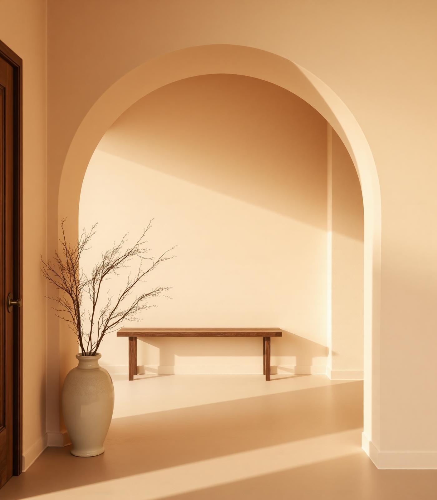 Ambiente sereno da clínica, com luz natural e arquitetura em tons quentes